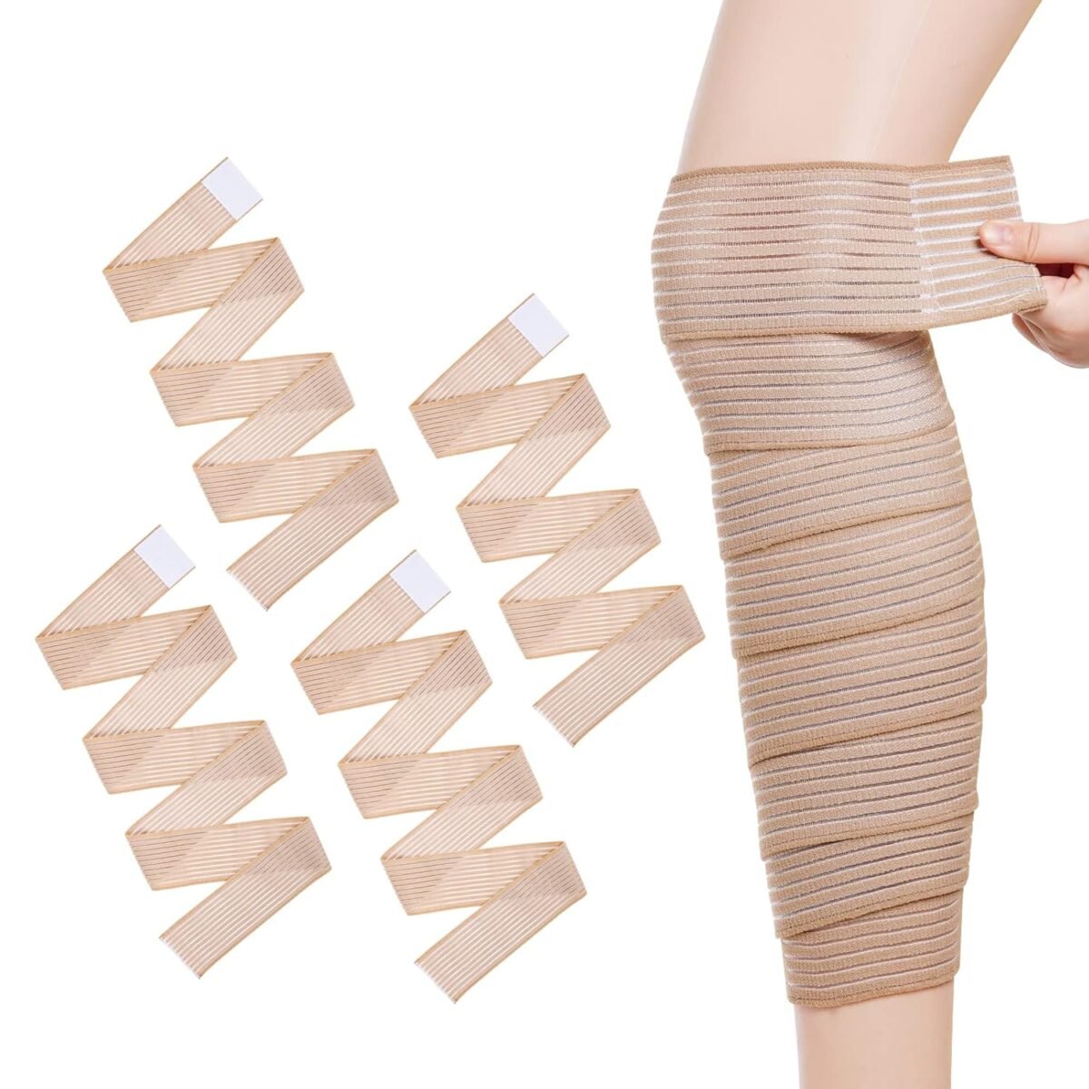4 Pieces of Khaki Elastic Calf Compression Bandage Adjustable Leg Compression Sleeve Knee Wraps Brace Support Bands for Stabilising Ligament, Joint Pain, Sport (180 cm) - Image 1