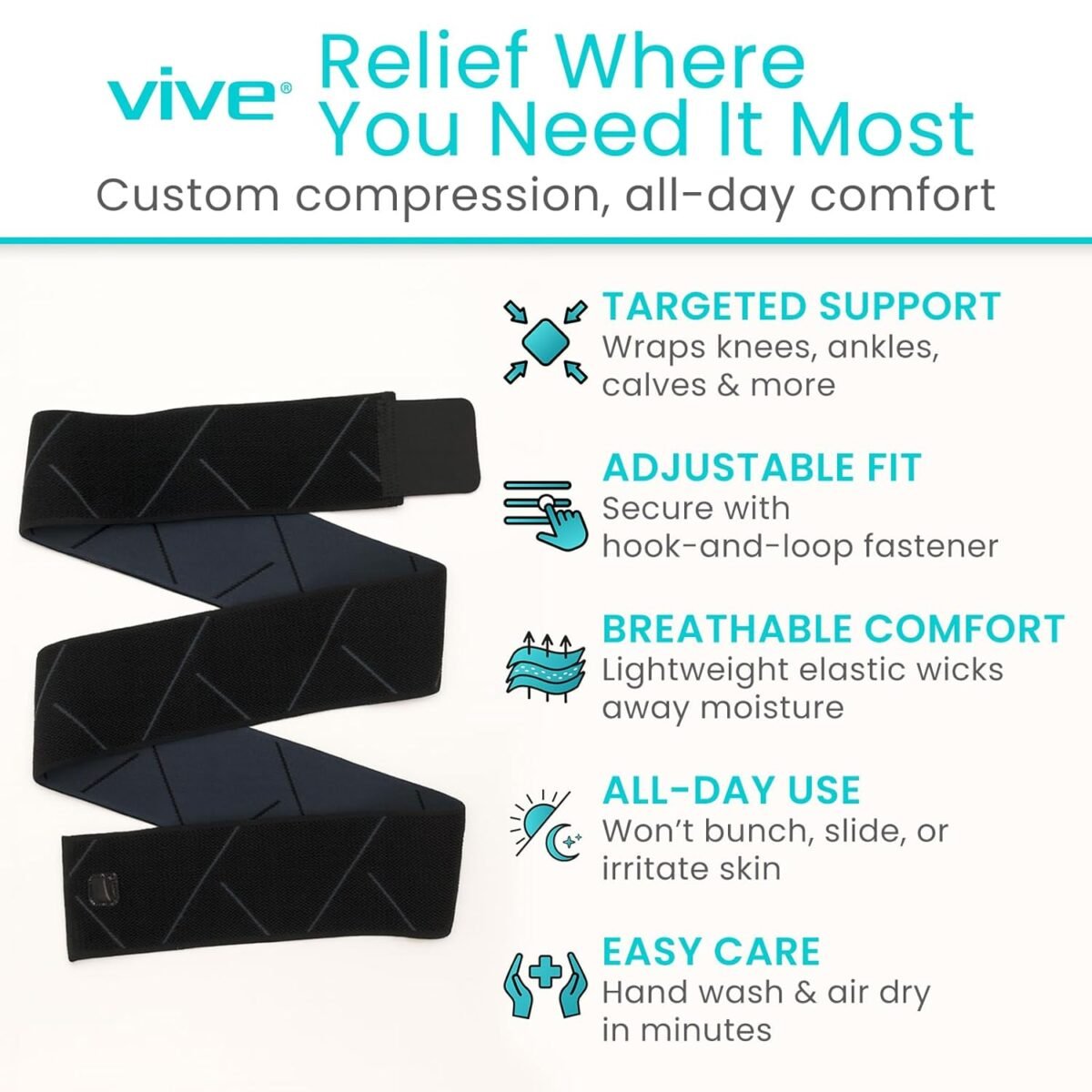 Elastic Knee Wrap - Ankle, Foot, Calf & Wrist Support Wraps for Pain Relief - Compression Bandage for Legs - For Edema, Weightlifting, Sports, Plantar Faciitis, Stabilizing Ligaments, Joint Pain (One Size) - Image 2
