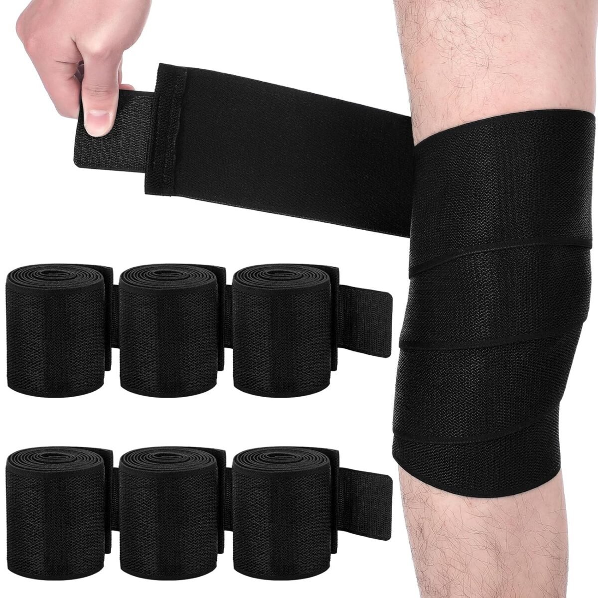 6 Pcs 5ft extra long Knee Wraps Elastic Compression Bandages Brace Support for Legs Ankle Foot Calf Wrist Support Wraps for Men Women, Weightlifting, Sports, Running, Tennis - Image 1