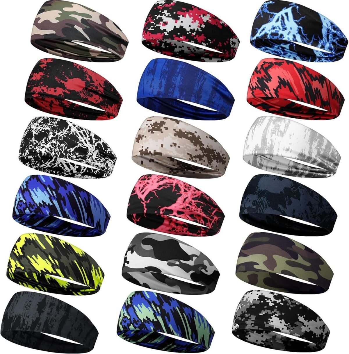 18 Pcs Sports Sweatbands for Men Women Camo Headbands Workout Non Slip Headbands Breathable Head Band Fitness Stretchy Unisex Hairband for Yoga Running Cycling Ball - Image 1